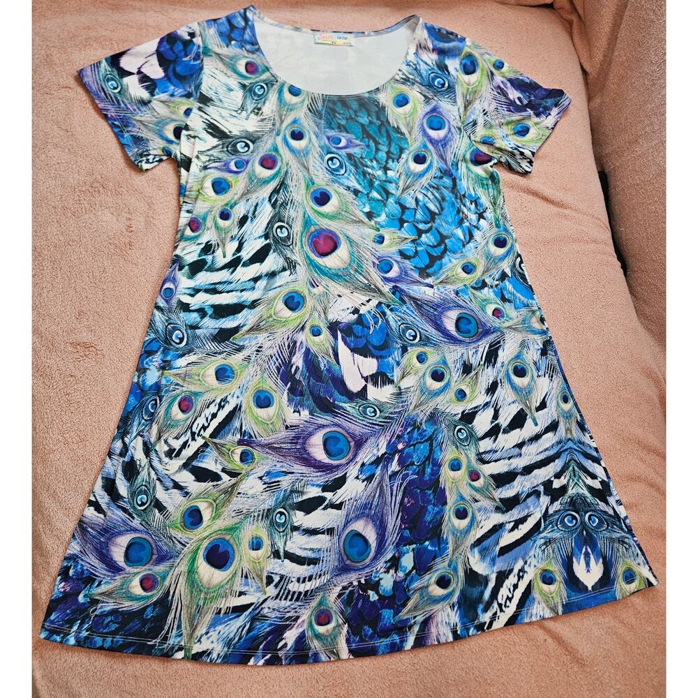 Sassy Nene Women's XL Feather Graphic Print Short Sleeve Dress- Made in USA